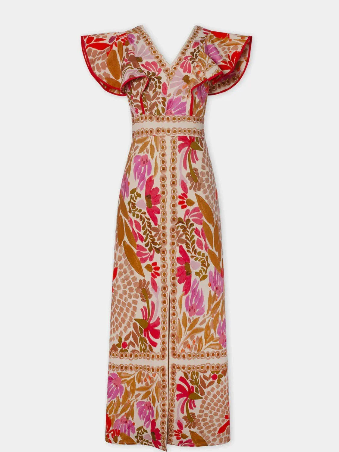 Dames Maxi Jurk met Bloemenprint, V-hals en Ruches Mouwen Rood Oranje Bloemen