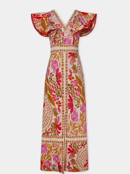 Dames Maxi Jurk met Bloemenprint, V-hals en Ruches Mouwen Rood Oranje Bloemen