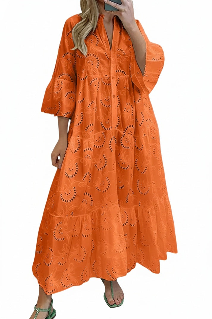 Dames Maxi Jurk met Broderie en V-hals en Knoopsluiting