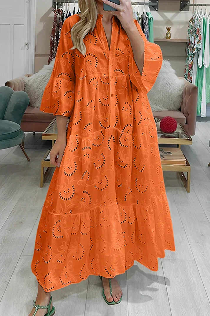 Dames Maxi Jurk met Broderie en V-hals en Knoopsluiting Oranje