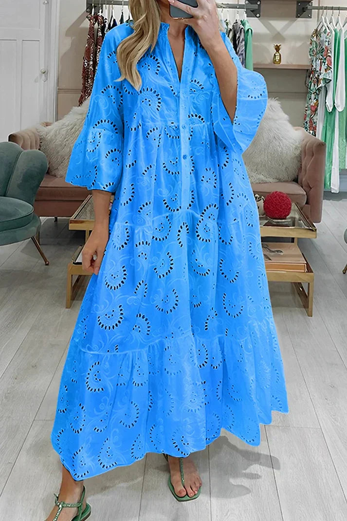 Dames Maxi Jurk met Broderie en V-hals en Knoopsluiting Blauw