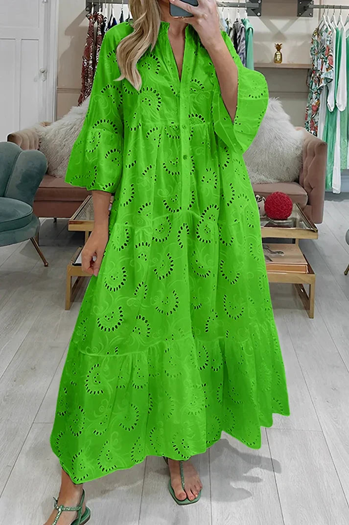 Dames Maxi Jurk met Broderie en V-hals en Knoopsluiting Groen