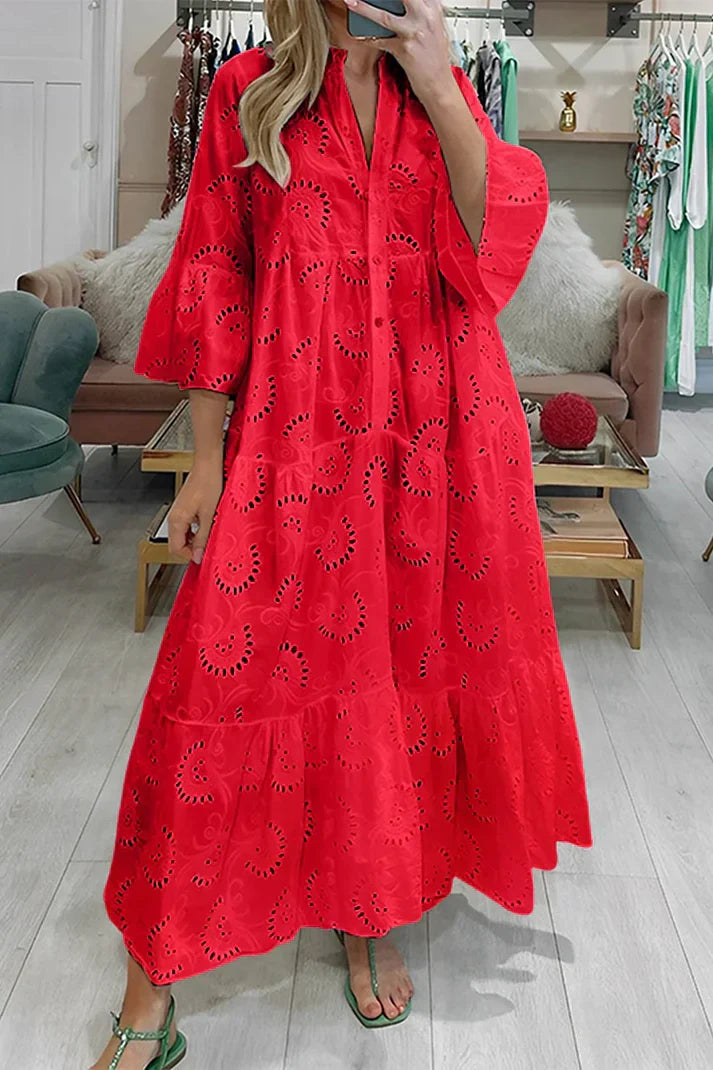 Dames Maxi Jurk met Broderie en V-hals en Knoopsluiting Rood