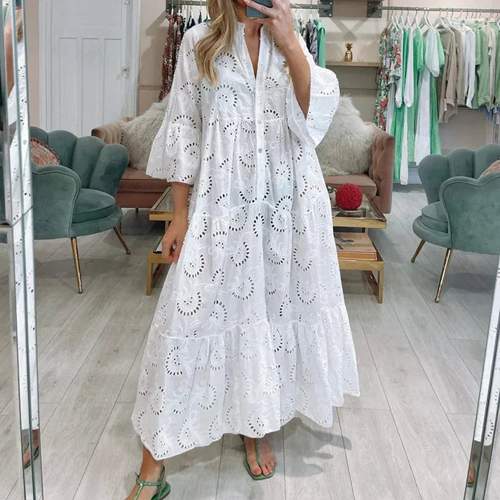 Dames Maxi Jurk met Broderie en V-hals en Knoopsluiting Wit