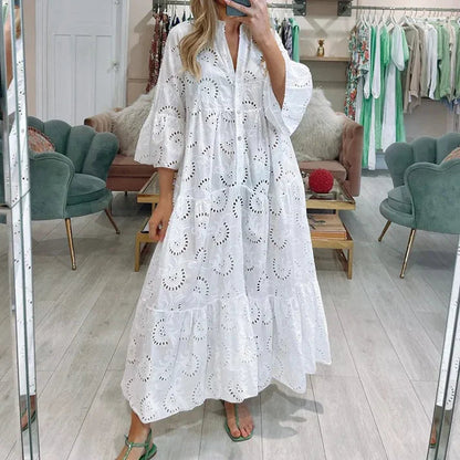Dames Maxi Jurk met Broderie en V-hals en Knoopsluiting Wit