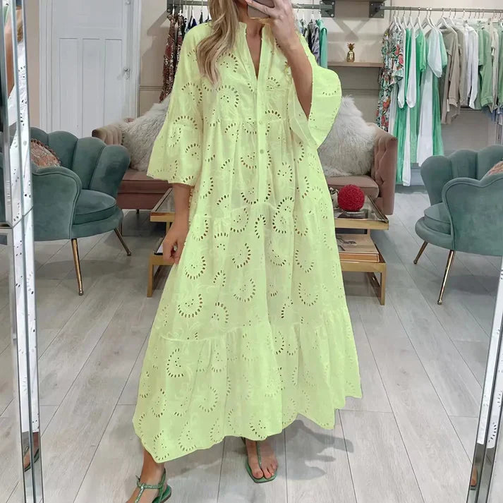 Dames Maxi Jurk met Broderie en V-hals en Knoopsluiting Geel