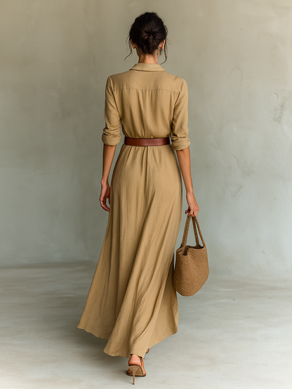 Dames Maxi Jurk met Diepe V-hals, Hemdkraag en Rimpelrok