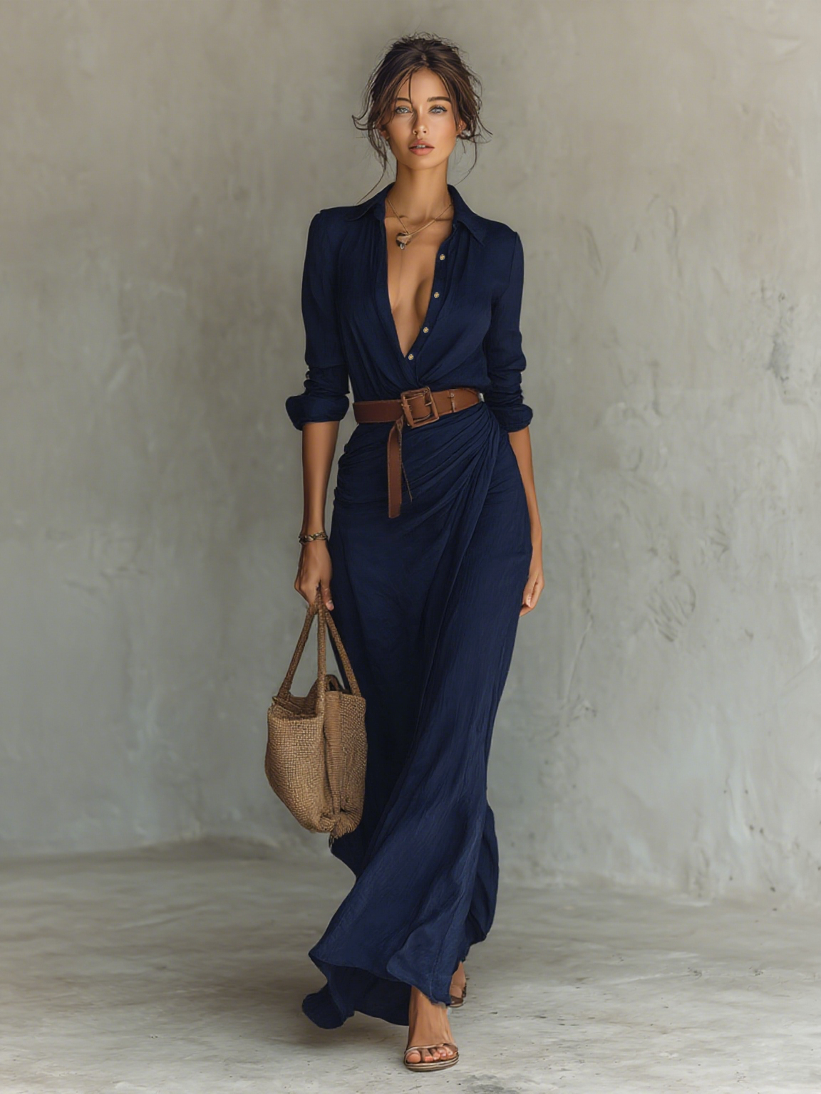 Dames Maxi Jurk met Diepe V-hals, Hemdkraag en Rimpelrok Marineblauw