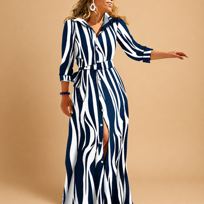 Dames Maxi Jurk met Driekwart Mouwen, Kraag en Strikceintuur Streepblauw
