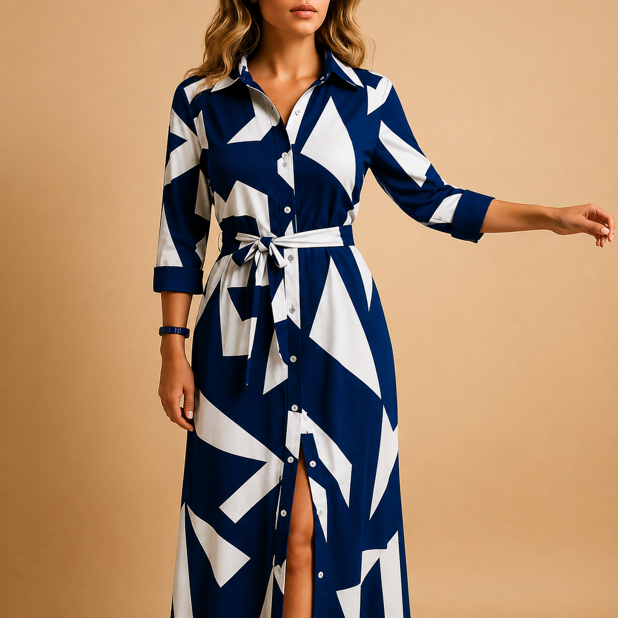 Dames Maxi Jurk met Driekwart Mouwen, Kraag en Strikceintuur Donkerblauw