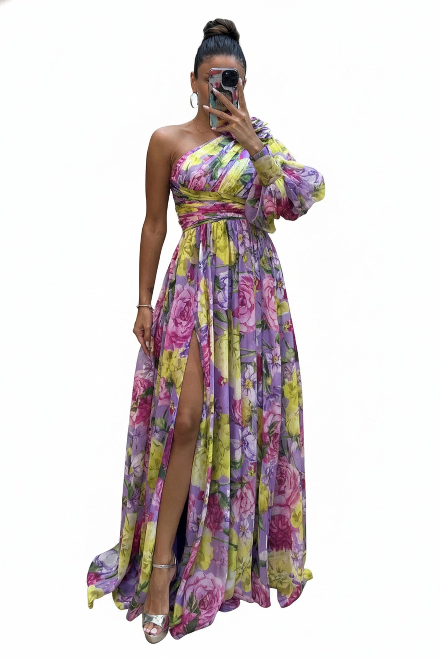 Dames Maxi Jurk met Één Schouder, Bloemenprint en Beensplit