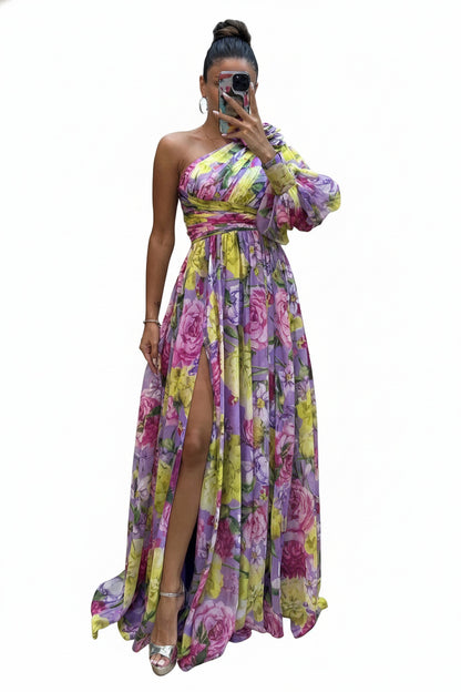 Dames Maxi Jurk met Één Schouder, Bloemenprint en Beensplit