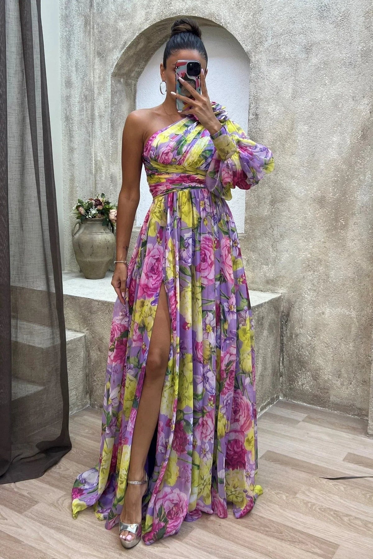 Dames Maxi Jurk met Één Schouder, Bloemenprint en Beensplit