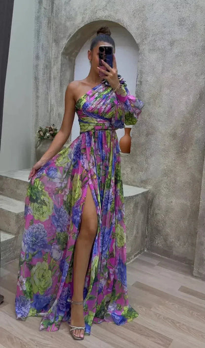 Dames Maxi Jurk met Één Schouder, Bloemenprint en Beensplit Violet