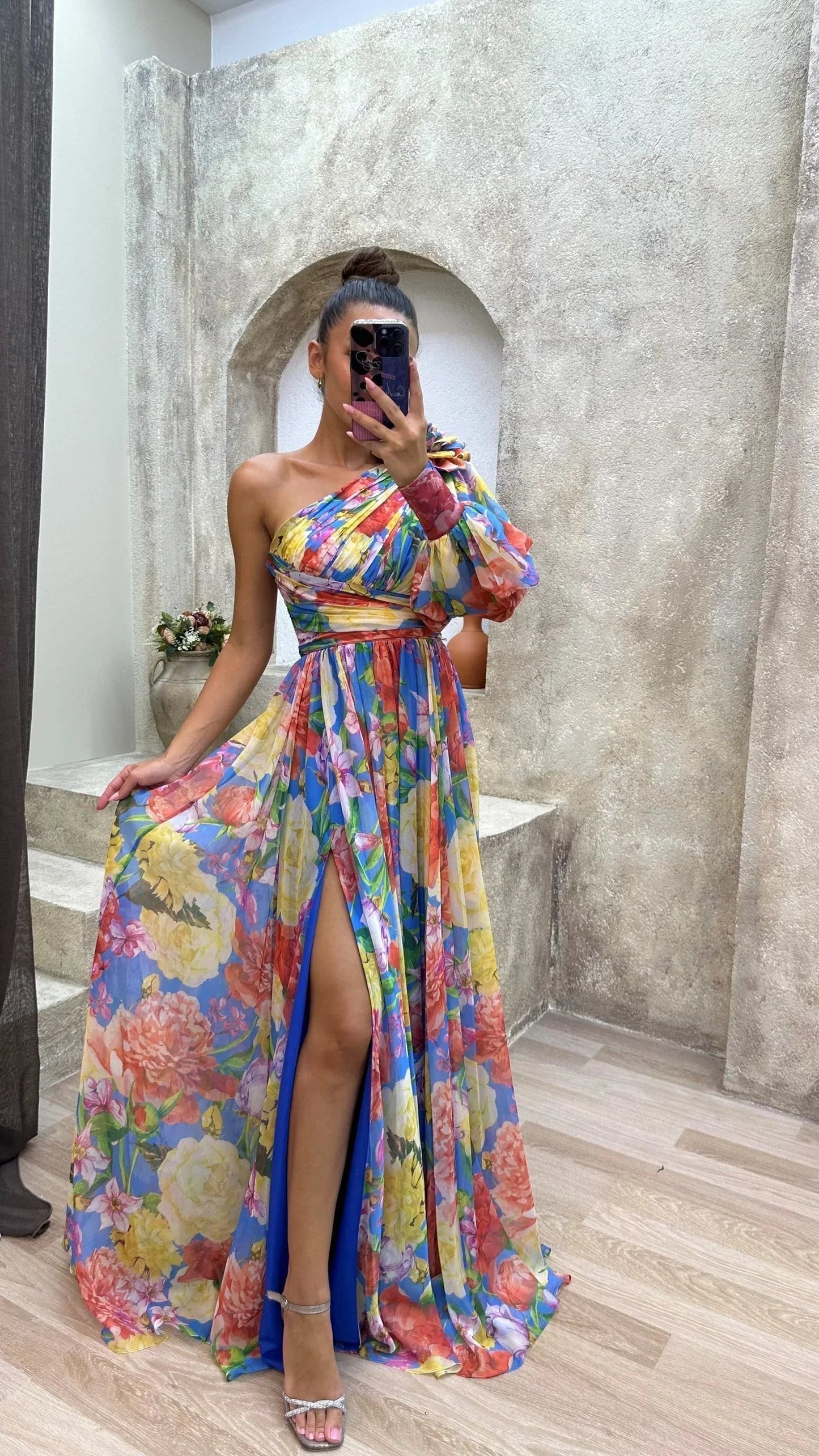 Dames Maxi Jurk met Één Schouder, Bloemenprint en Beensplit Regenboog