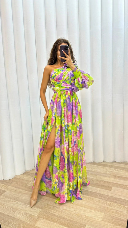 Dames Maxi Jurk met Één Schouder, Bloemenprint en Beensplit Geel