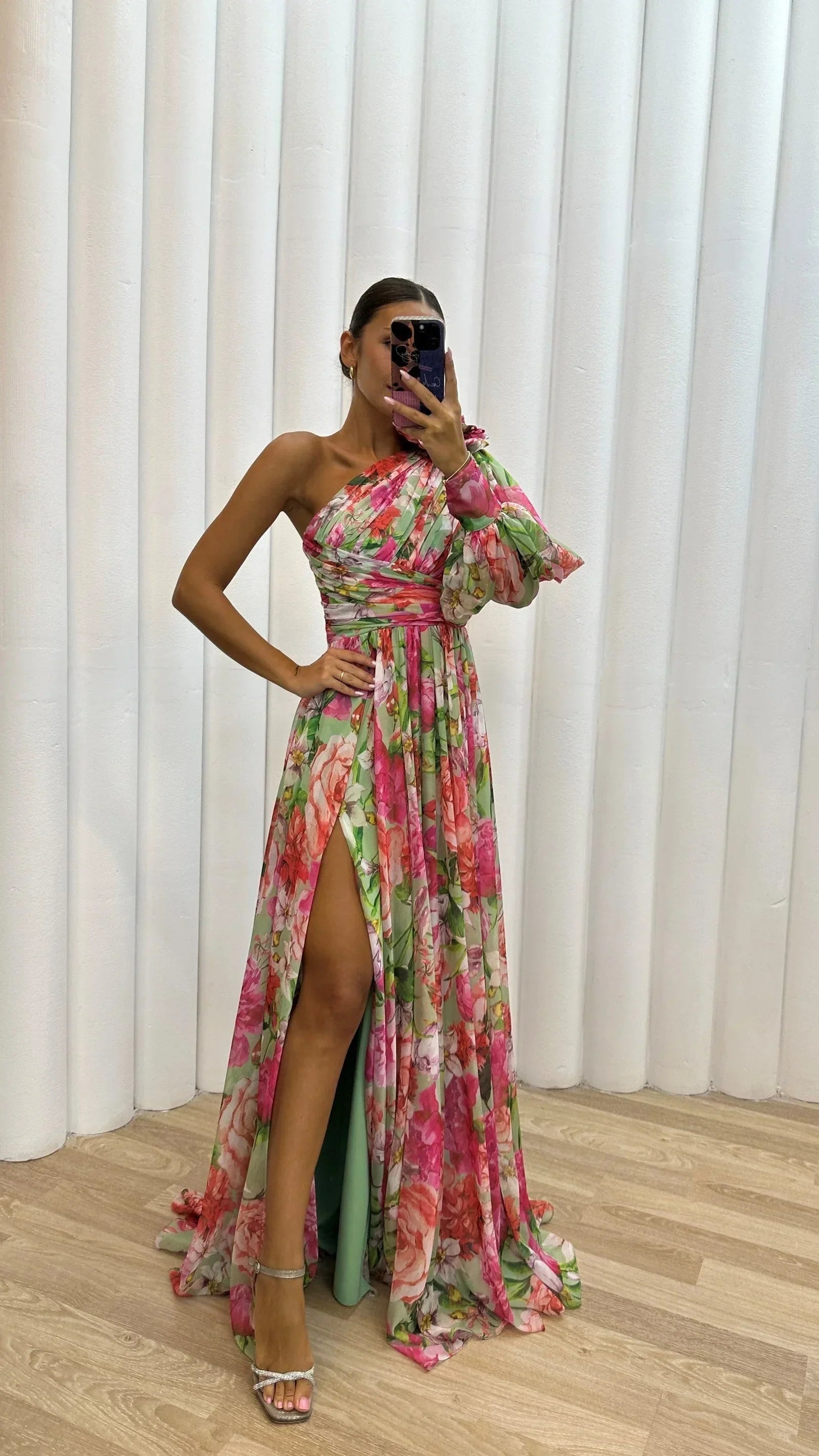 Dames Maxi Jurk met Één Schouder, Bloemenprint en Beensplit Roze