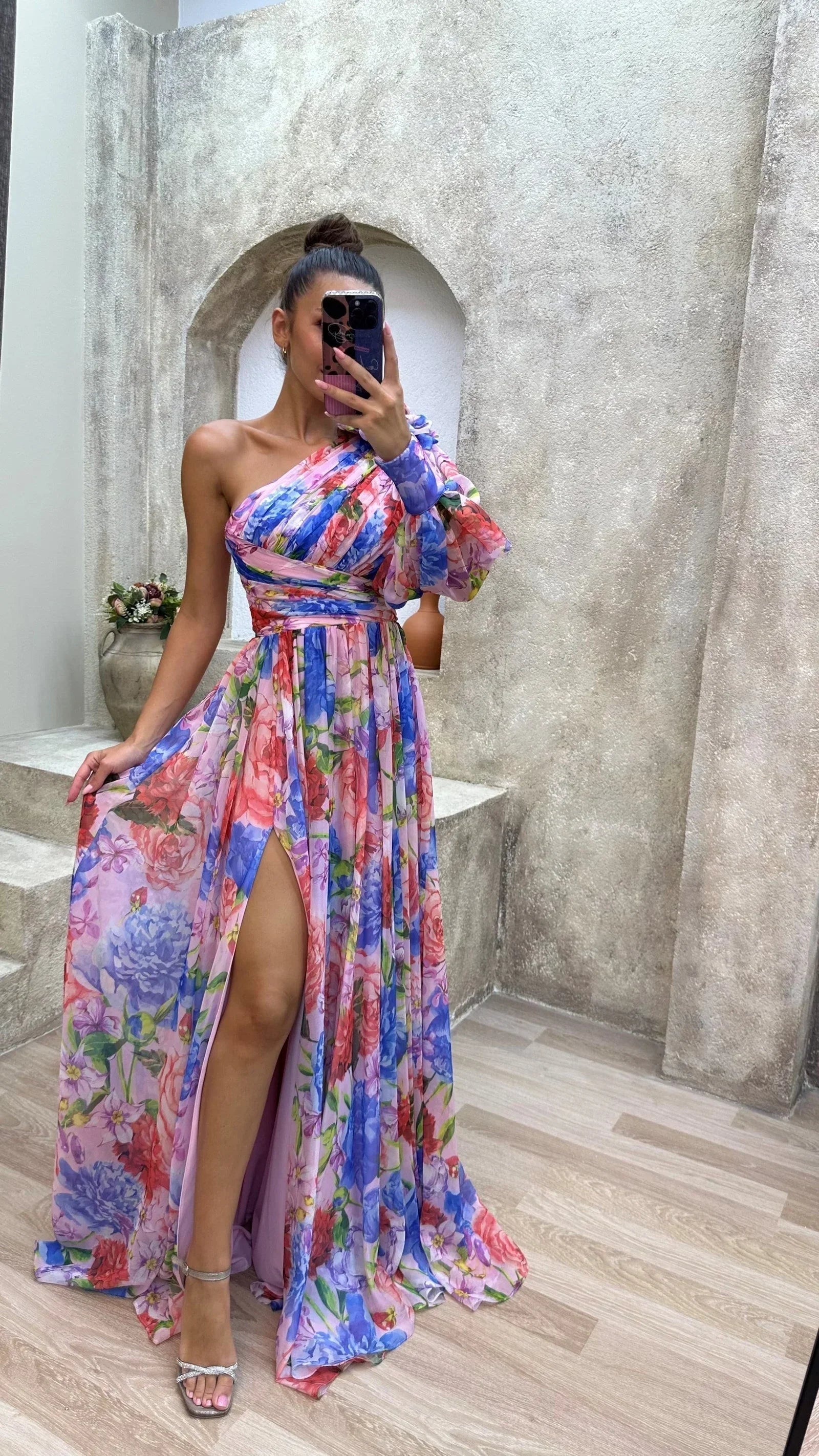 Dames Maxi Jurk met Één Schouder, Bloemenprint en Beensplit