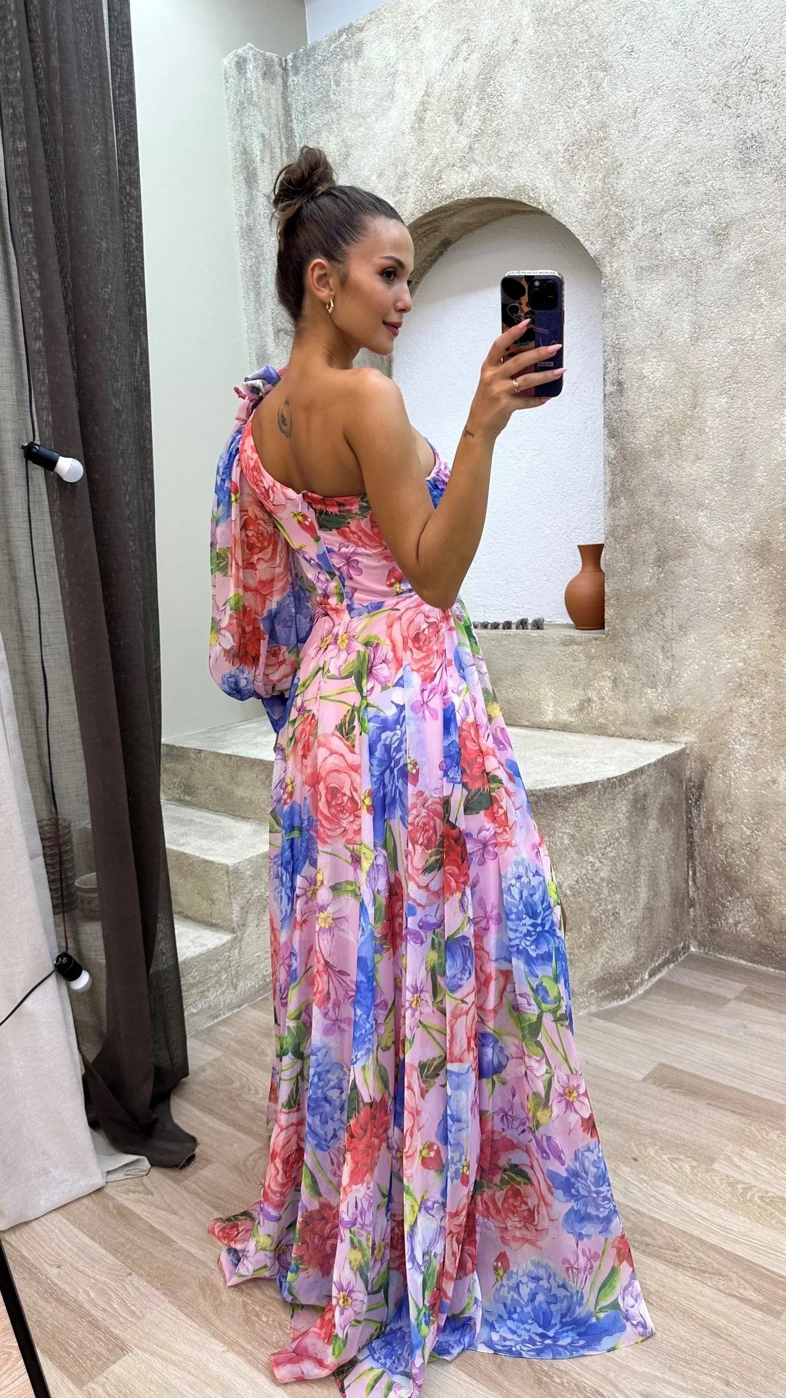 Dames Maxi Jurk met Één Schouder, Bloemenprint en Beensplit