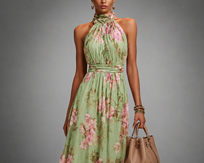 Dames Maxi Jurk met Halternek en Bloemenprint