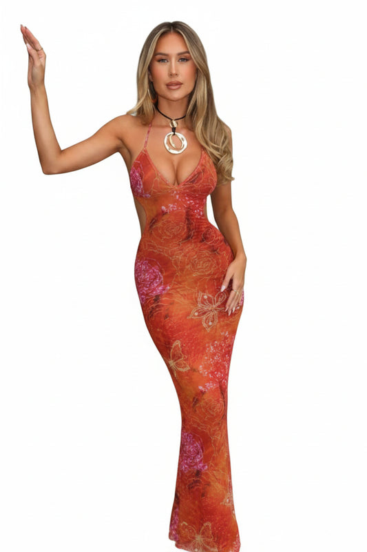 Dames Maxi Jurk met Halternek, V-hals en Cut-outs met Bloemenprint