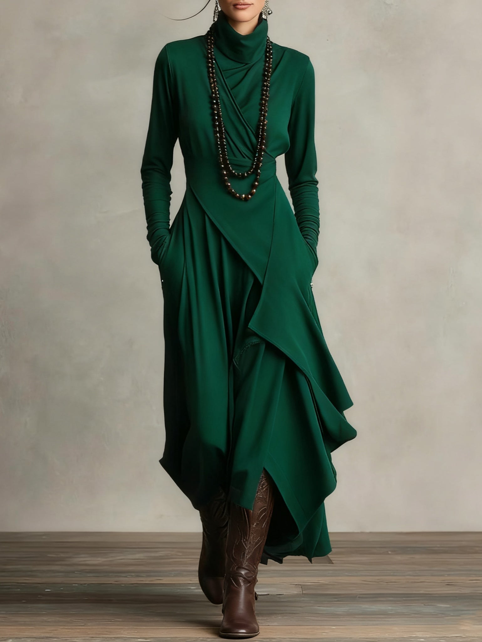Dames Maxi Jurk met Hoge Col Lange Mouw en Asymmetrische Rok Groen