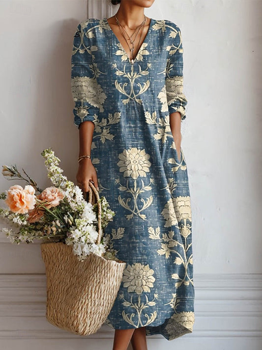 Dames Maxi Jurk met Lange Mouw, V-hals en Bloemenprint Blauw