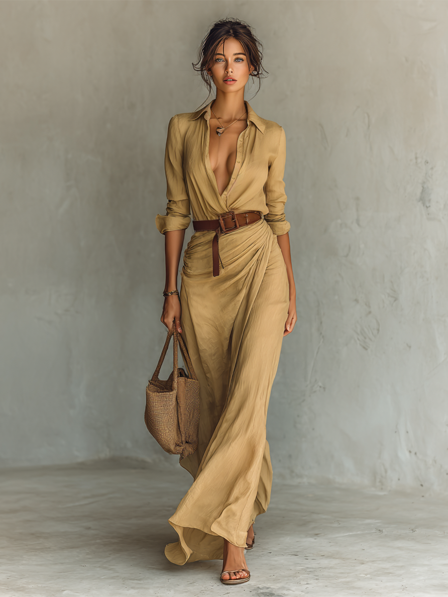 Dames Maxi Jurk met Lange Mouwen, Hemdkraag en Wikkelrok Khaki