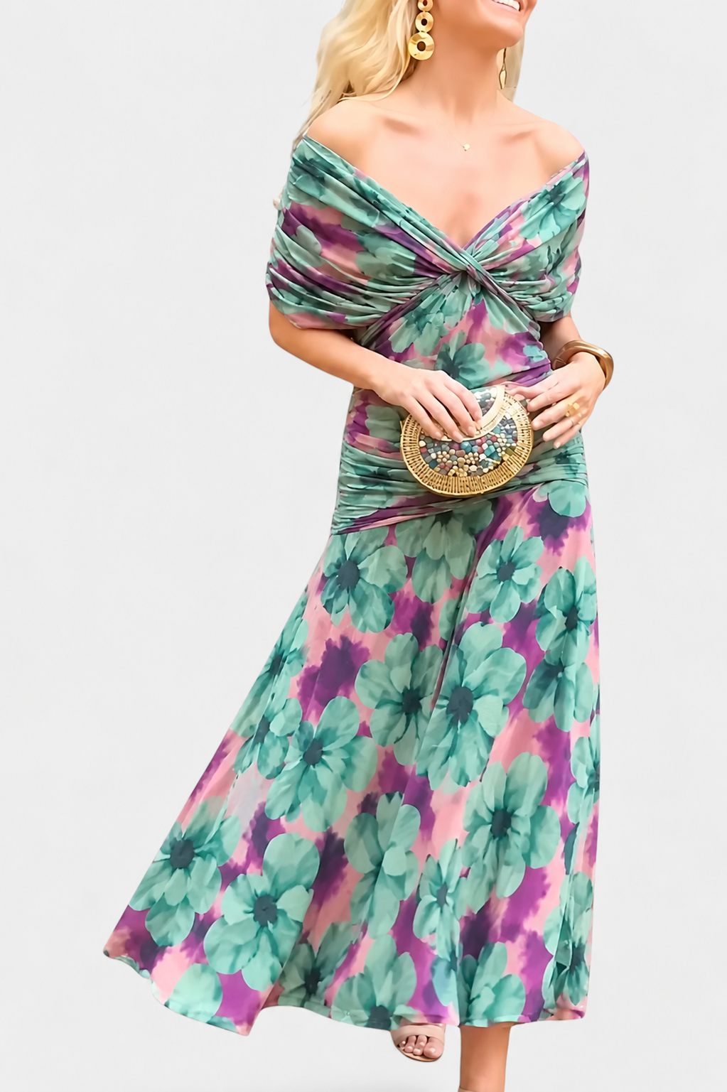 Dames Maxi Jurk met Off-shoulder V-hals en Geplooide Taille Groen Paars