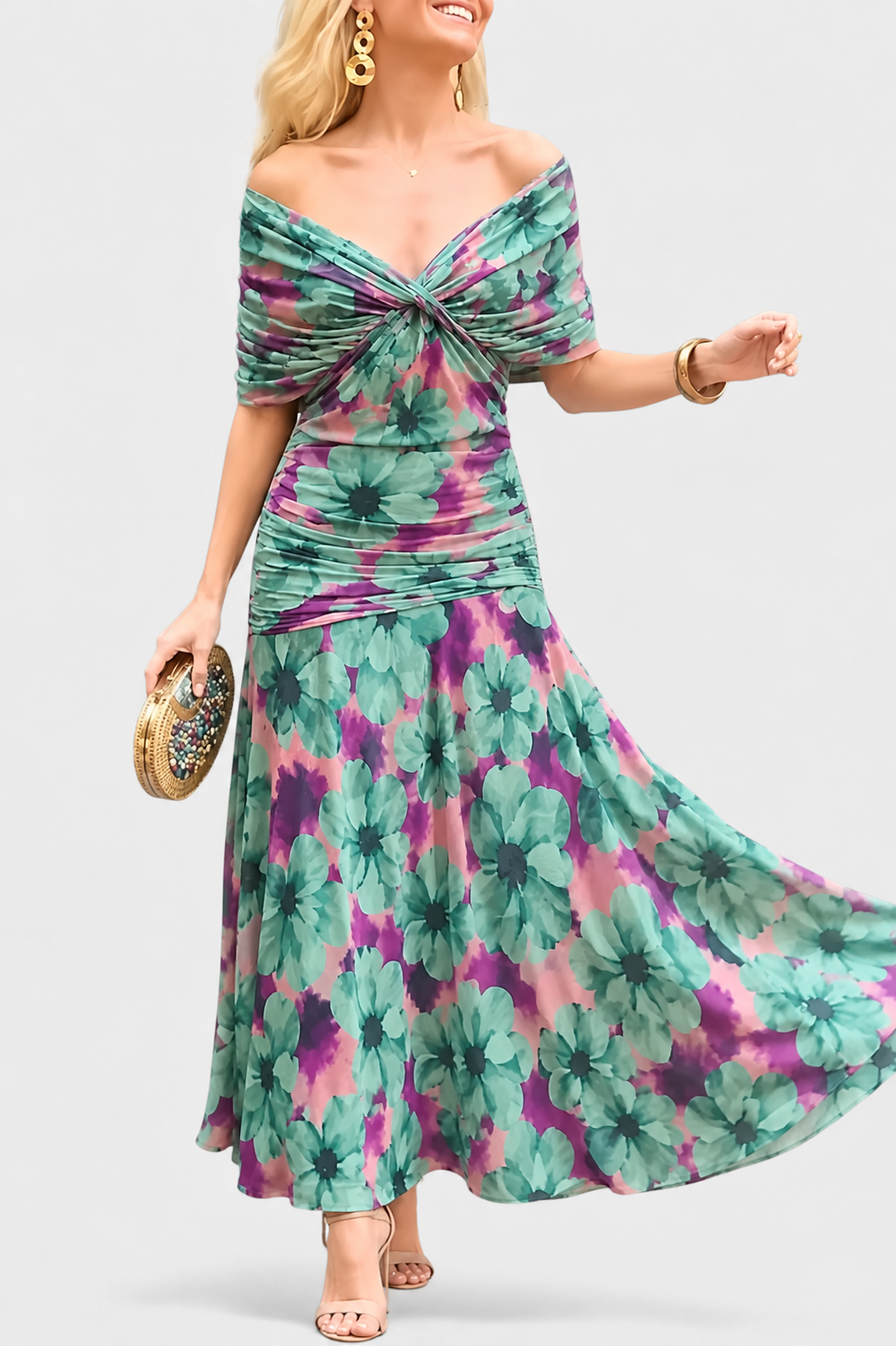 Dames Maxi Jurk met Off-shoulder V-hals en Geplooide Taille