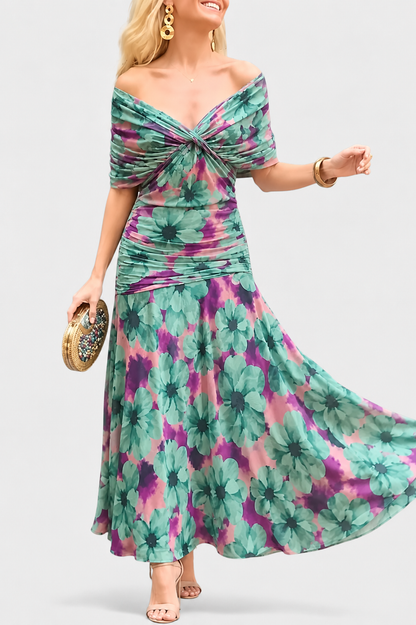 Dames Maxi Jurk met Off-shoulder V-hals en Geplooide Taille