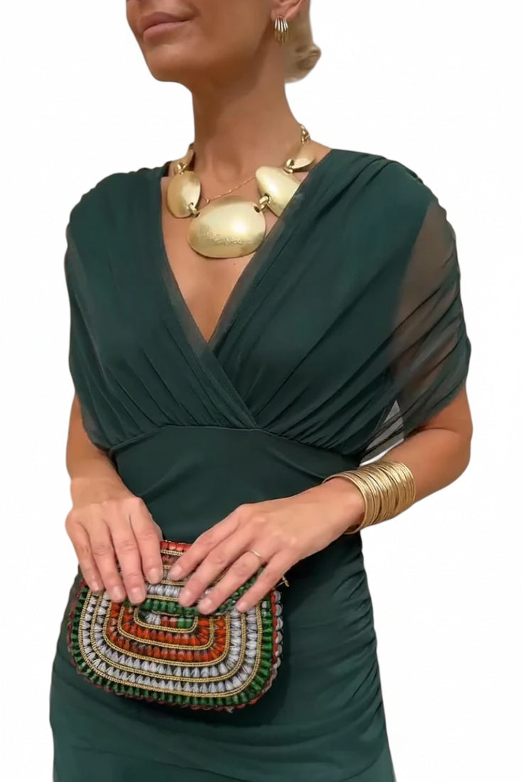 Dames Maxi Jurk met Off-shoulder V-hals en Geplooide Taille