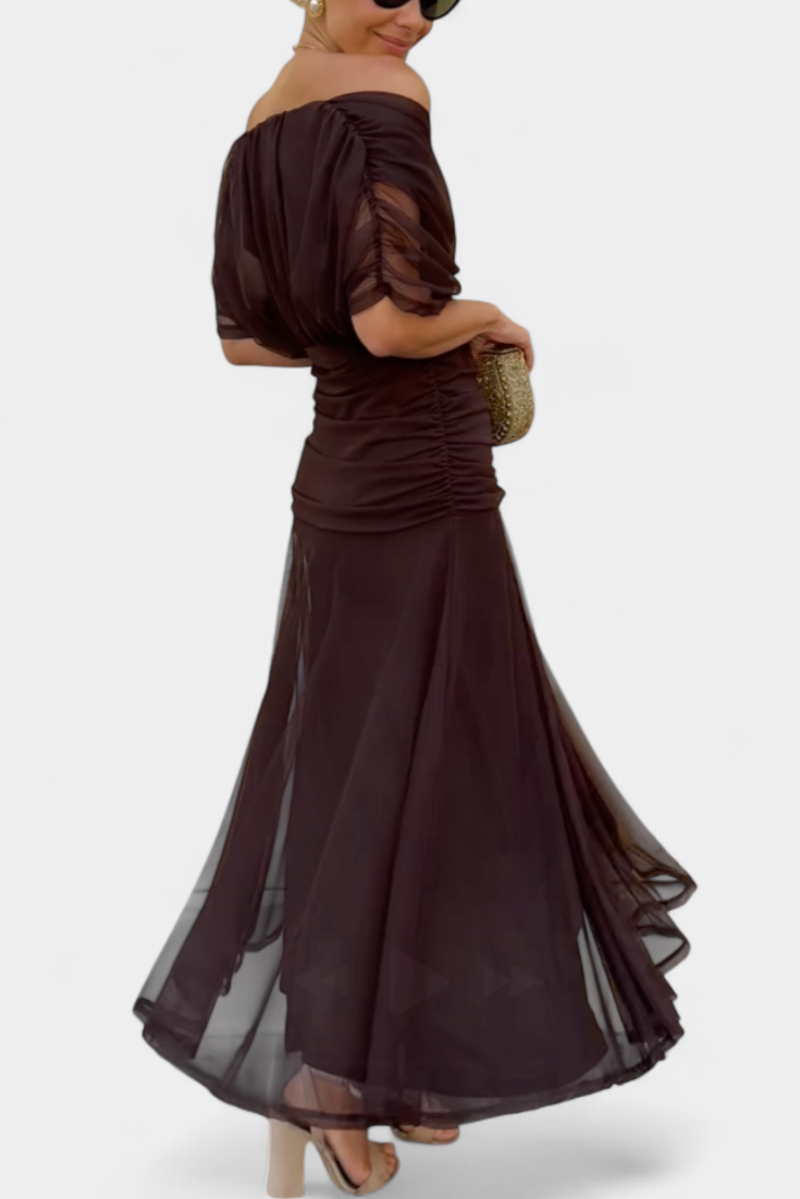 Dames Maxi Jurk met Off-shoulder V-hals en Geplooide Taille
