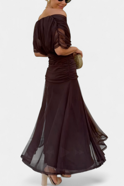 Dames Maxi Jurk met Off-shoulder V-hals en Geplooide Taille