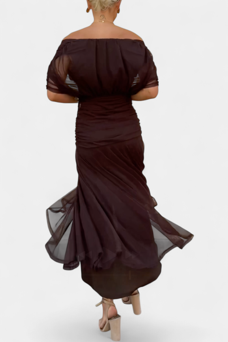 Dames Maxi Jurk met Off-shoulder V-hals en Geplooide Taille