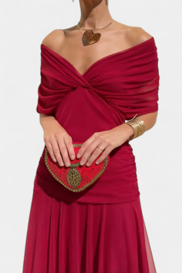 Dames Maxi Jurk met Off-shoulder V-hals en Geplooide Taille