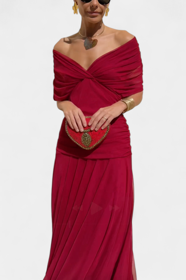 Dames Maxi Jurk met Off-shoulder V-hals en Geplooide Taille