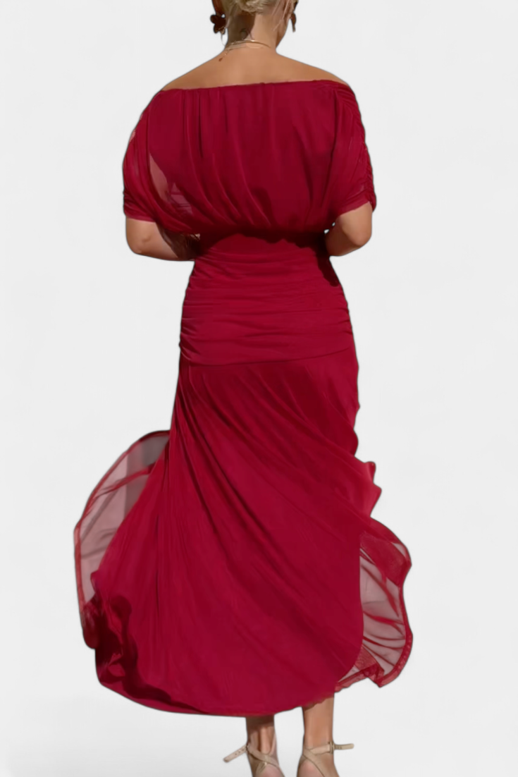 Dames Maxi Jurk met Off-shoulder V-hals en Geplooide Taille