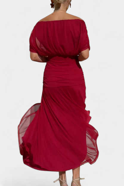 Dames Maxi Jurk met Off-shoulder V-hals en Geplooide Taille