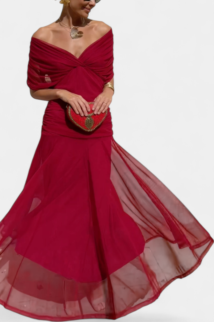 Dames Maxi Jurk met Off-shoulder V-hals en Geplooide Taille