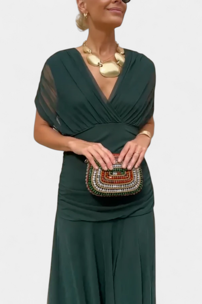 Dames Maxi Jurk met Off-shoulder V-hals en Geplooide Taille