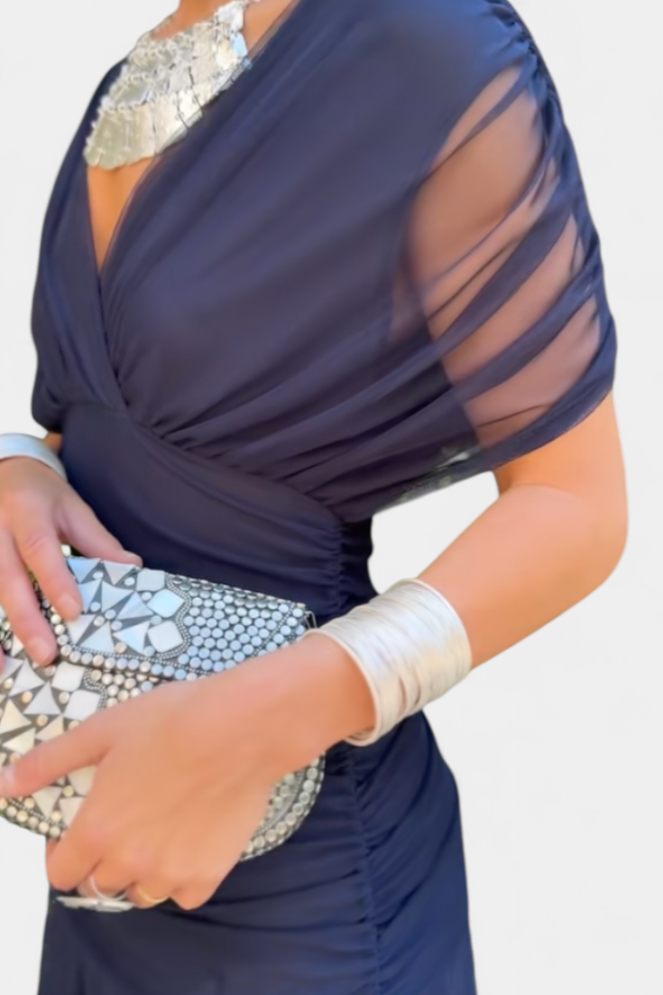 Dames Maxi Jurk met Off-shoulder V-hals en Geplooide Taille