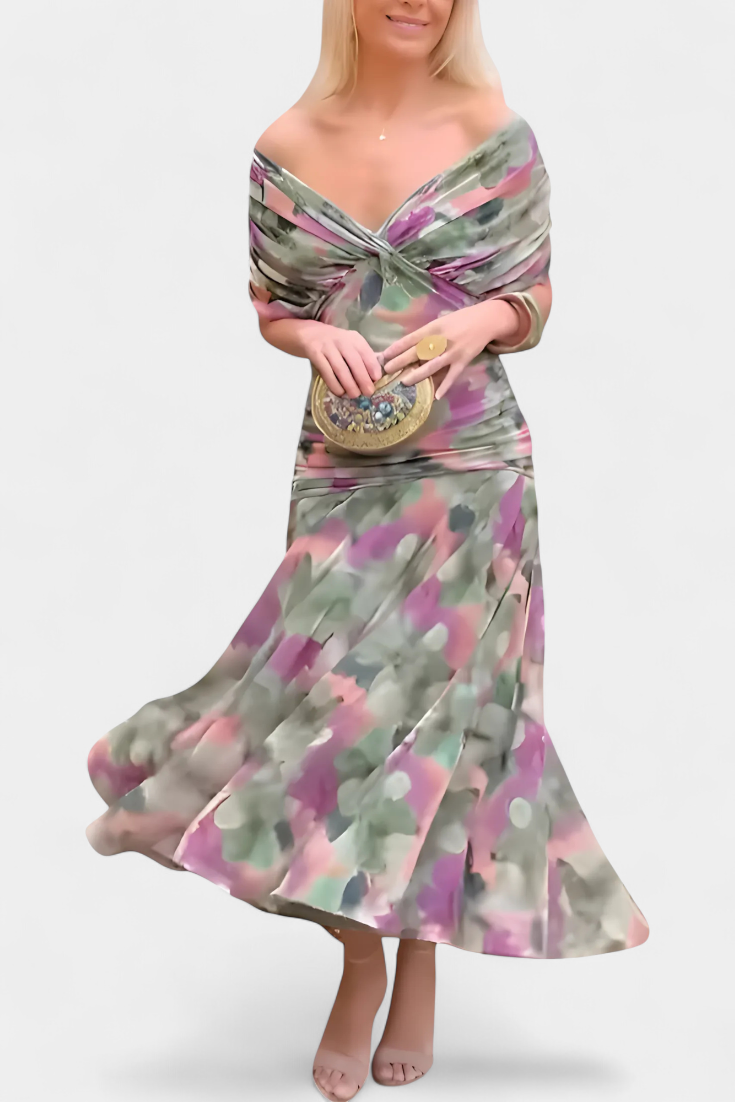 Dames Maxi Jurk met Off-shoulder V-hals en Geplooide Taille