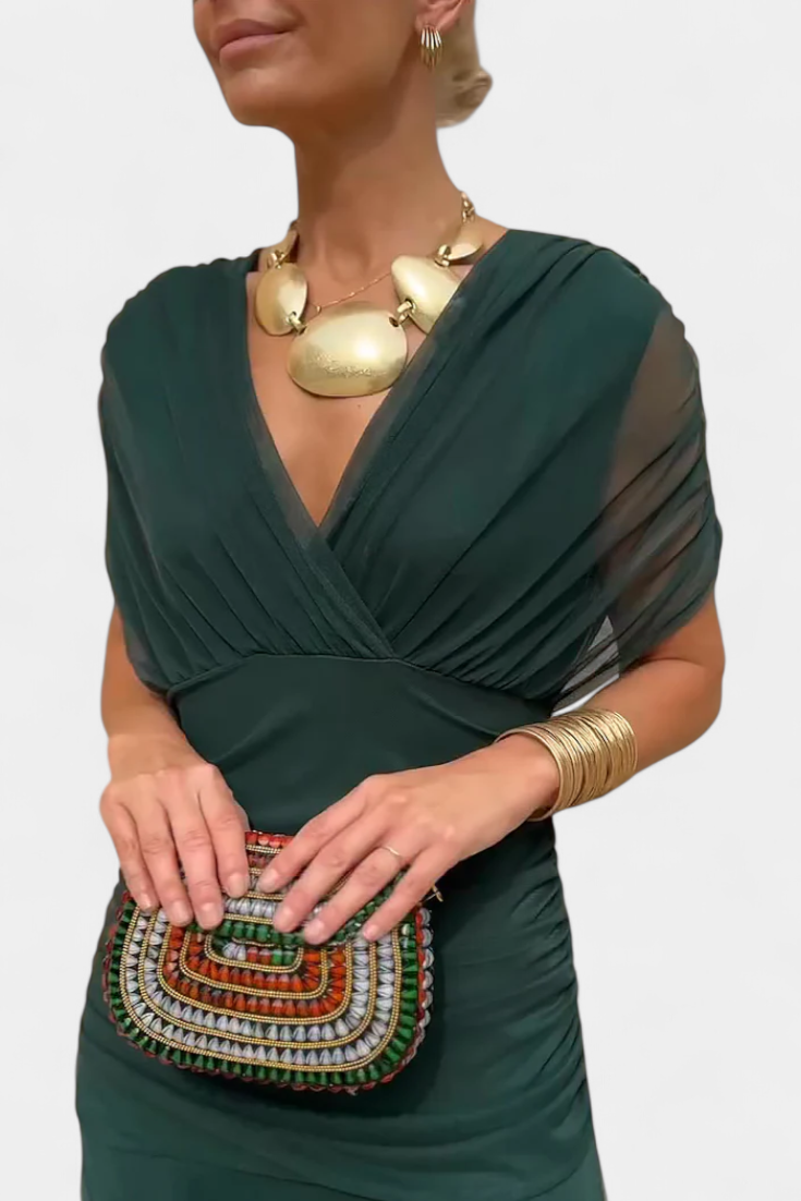 Dames Maxi Jurk met Off-shoulder V-hals en Geplooide Taille