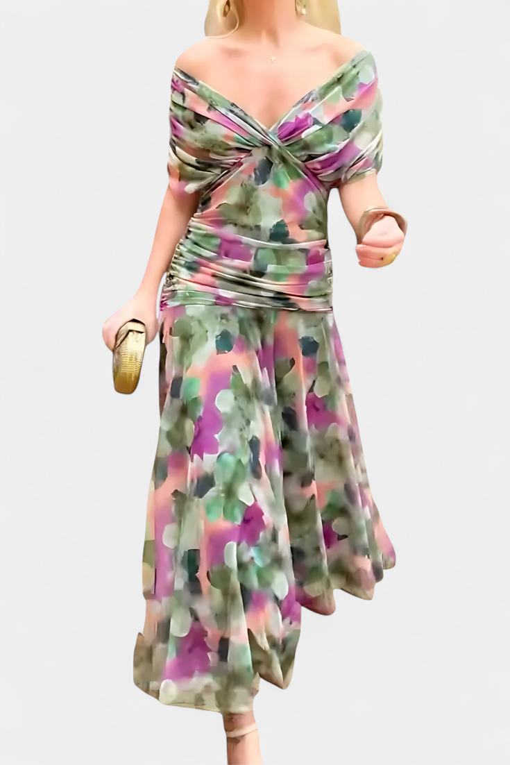 Dames Maxi Jurk met Off-shoulder V-hals en Geplooide Taille