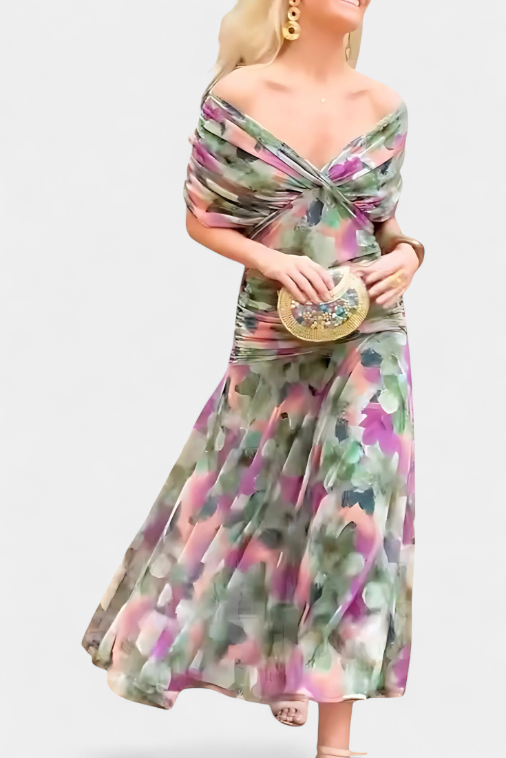 Dames Maxi Jurk met Off-shoulder V-hals en Geplooide Taille