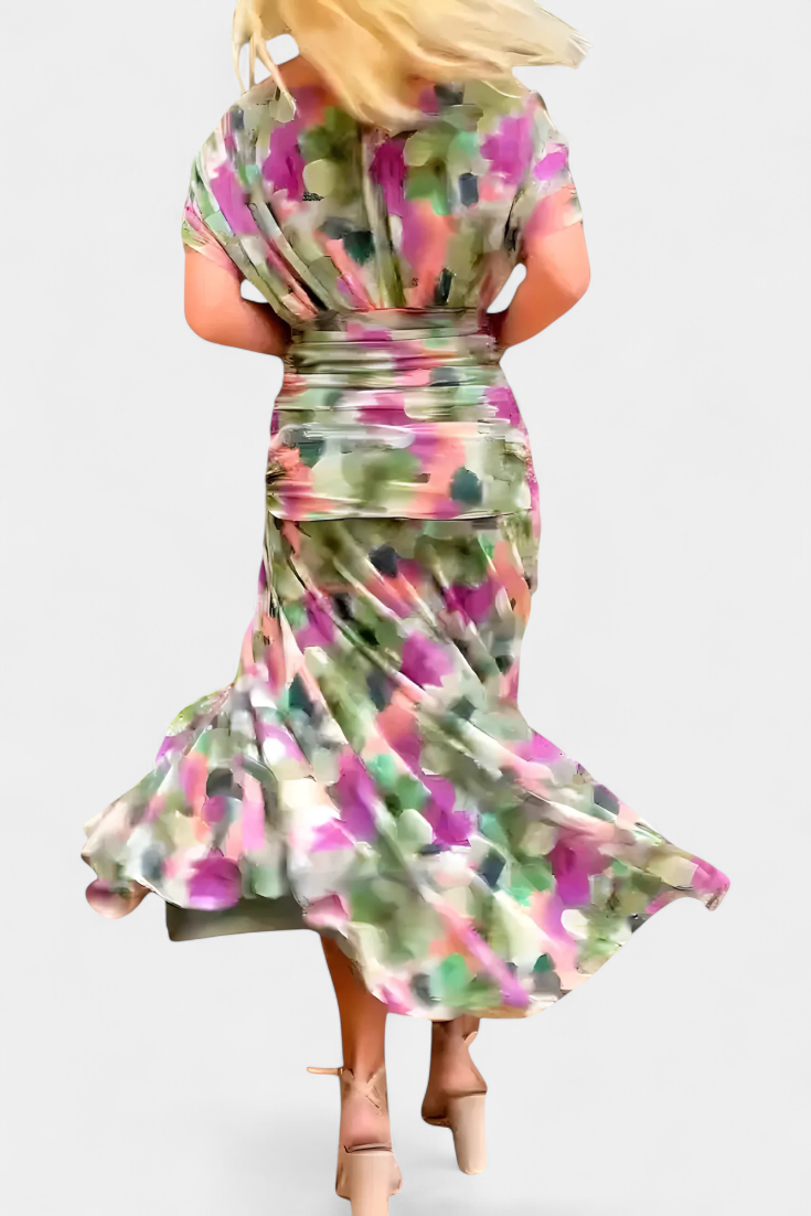 Dames Maxi Jurk met Off-shoulder V-hals en Geplooide Taille