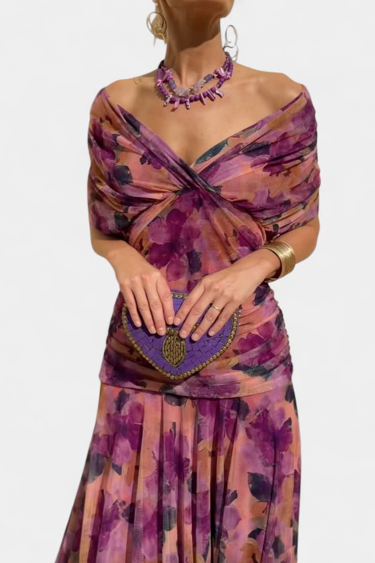 Dames Maxi Jurk met Off-shoulder V-hals en Geplooide Taille