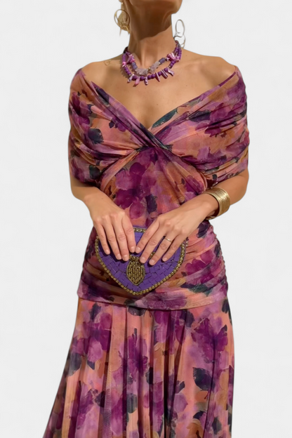 Dames Maxi Jurk met Off-shoulder V-hals en Geplooide Taille