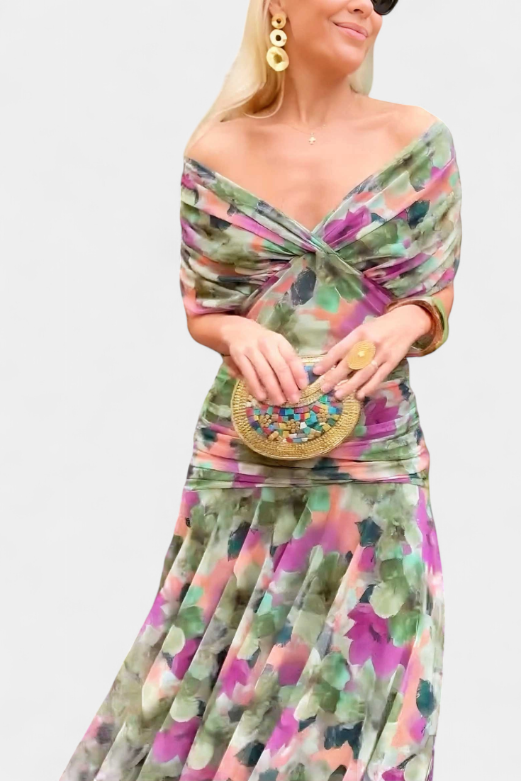 Dames Maxi Jurk met Off-shoulder V-hals en Geplooide Taille